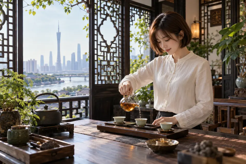 岭南花窗旁公道杯冲泡场景示意