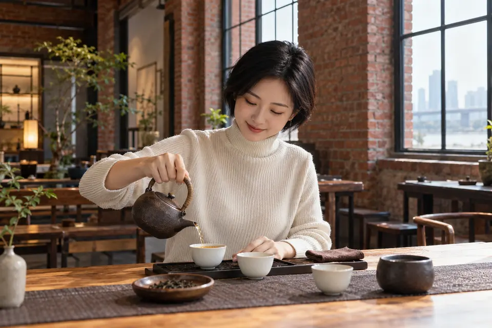红砖改造空间内倒茶与陶壶使用的场景示意