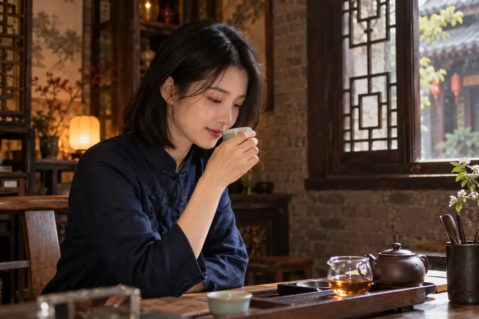 深色木作室内闻香品茶的场景示意