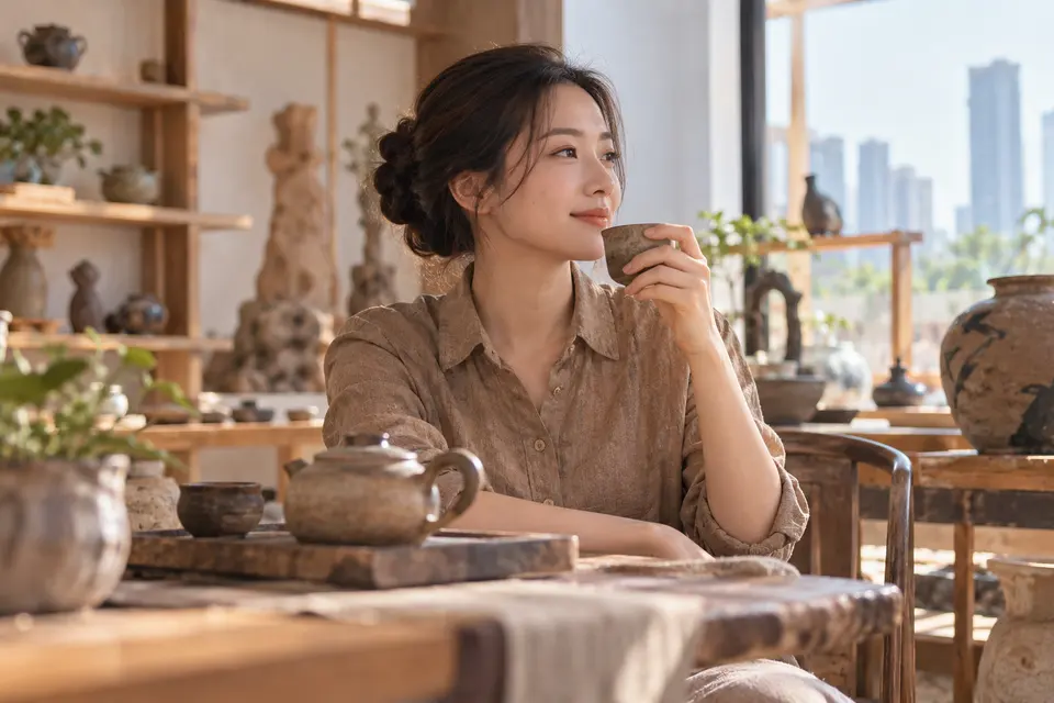 陶艺茶器工作室中的茶杯与茶具陈列示意