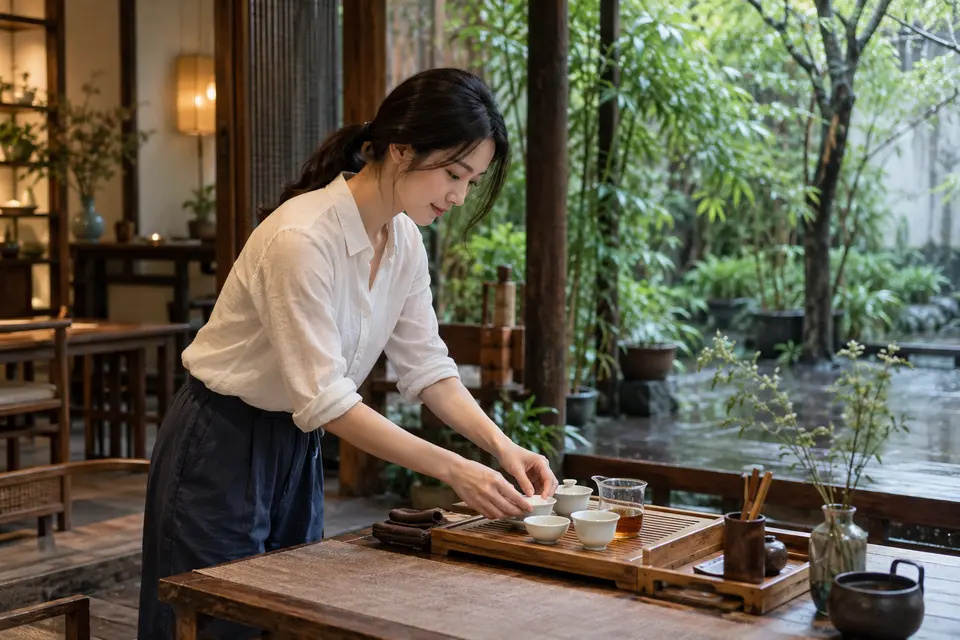 成都庭院茶席布置，年轻女性使用盖碗品茶的场景示意